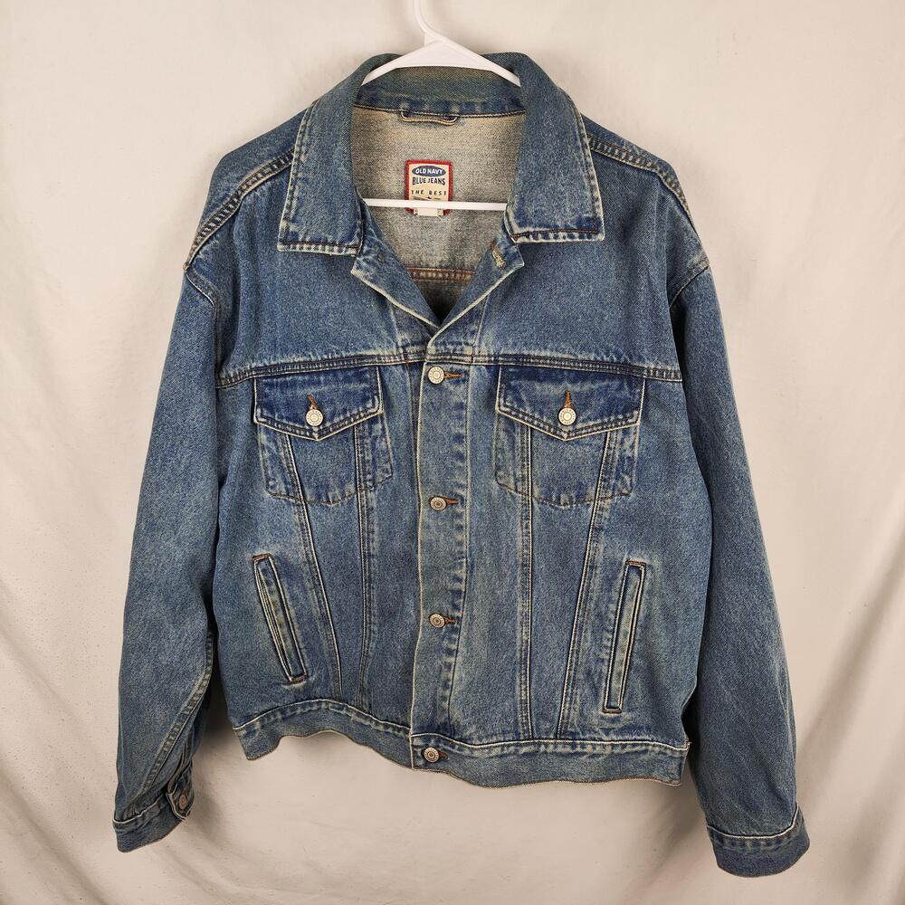 Old Navy Denim Jacket Mens Large Blue Relaxed Fit Button Front Classic Pockets